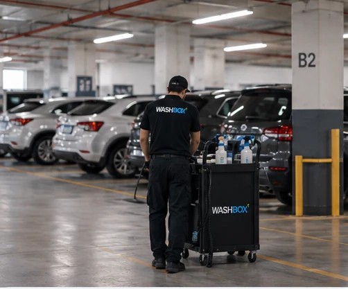Personal WASHBOX atendiendo un vehículo en un estacionamiento