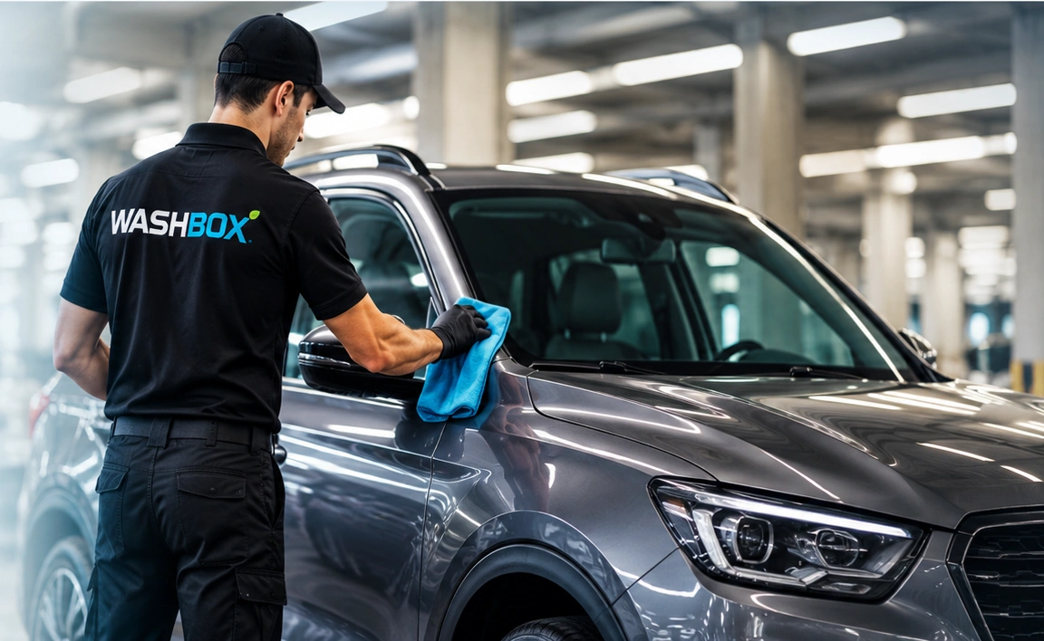 Imagen conceptual WASHBOX: profesional realizando una limpieza de un vehículo gris en un estacionamiento